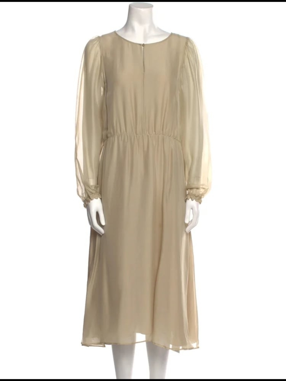 Cream Long-Sleeve Midi Dress with Elastic Waist